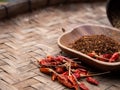 Colourful spicy chilis in wooden tray. Asian popular cooking ingredients, dry hot healthy cook herbs. view form above and copy