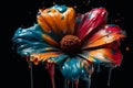 Colourful splash dripping water drops, paint on multicoloured flowers, abstract background. AI generated