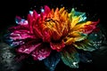 Colourful splash dripping water drops, paint on multicoloured flowers, abstract background. AI generated