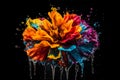 Colourful splash dripping water drops, paint on multicoloured flowers, abstract background. AI generated