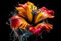 Colourful splash dripping water drops, paint on multicoloured flowers, abstract background. AI generated