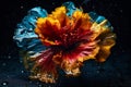 Colourful splash dripping water drops, paint on multicoloured flowers, abstract background. AI generated