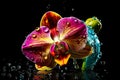 Colourful splash dripping water drops, paint on multicoloured orchid flower, abstract background. AI generated