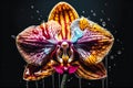 Colourful splash dripping water drops, paint on multicoloured orchid flower, abstract background. AI generated