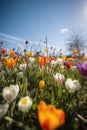 Colourful spring flowers at field over blue sky, created using generative ai technology