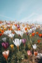 Colourful spring flowers at field over blue sky, created using generative ai technology