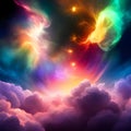 Colourful starburst above multicoloured cloudscape. Concept of Cosmic Energy, divine presence, healing and spiritual