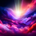 Colourful starburst above multicoloured cloudscape. Concept of Cosmic Energy, divine presence, healing and spiritual