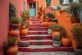 The Colourful Steps Of Coral Street Filled With Pots With Flowers. Generative AI Royalty Free Stock Photo