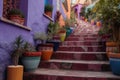 The Colourful Steps Of Lavender Street Filled With Pots With Flowers. Generative AI Royalty Free Stock Photo