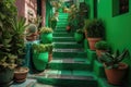 The Colourful Steps Of Neon Green Street Filled With Pots With Plants. Generative AI Royalty Free Stock Photo