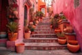 The Colourful Steps Of Neon Pink Street Filled With Pots With Plants. Generative AI Royalty Free Stock Photo