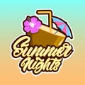 Colourful summer logotype in lettering style with coconut cocktail and with text Summer nights. Vector illustration design
