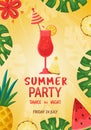 Colourful Summer Party background layout banners design. Leaves, pineapple, watermelon, hibiscus flower and cocktail on yellow