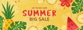 Colourful Summer Sale background layout banners design. Leaves, pineapple, watermelon, hibiscus flower on yellow background.