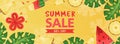 Colourful Summer Sale background layout banners design. Leaves, pineapple, watermelon, hibiscus flower on yellow background.