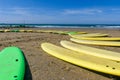 Colourful sunny coast scene with surfboards, sandy beach and sea