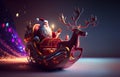 Colourful Santa Claus driving sleigh with reindeer surounded by colourful presents for lucky childrenGenerative AI Royalty Free Stock Photo