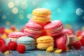 Colourful sweet macaroon pastry background. Dessert cake food bakery side view image