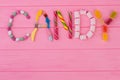 Colourful sweets spelling the word CANDY. Royalty Free Stock Photo