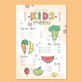 Colourful template for children menu. Drawn fruits and vegetables with funny faces. Name of dishes and price