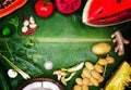 colourful Thai herb vegetable and fruits for Thai food ingredient cooking on green banana leaf background Royalty Free Stock Photo