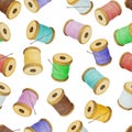 Colourful thread spools, seamless pattern