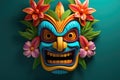 Colourful tiki mask with flowers on green background, created using generative ai technology