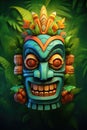 Colourful tiki mask over tropical leaves, created using generative ai technology