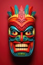 Colourful tiki mask on red background, created using generative ai technology