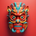 Colourful tiki mask on red background, created using generative ai technology