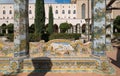 Colourful tiled pillars in the cloister garden at the Santa Chiara Monastery in Via Santa Chiara, Naples Italy.