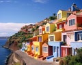 colourful town houses on a hill with the sea ocean water.