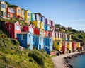 colourful town houses on a hill with the sea ocean water.