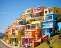 colourful town houses on a hill with the sea ocean water.