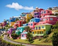 colourful town houses on a hill with the sea ocean water.