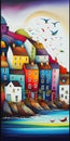 Colourful town houses seaside homes watercolour