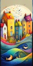 Colourful town houses seaside homes watercolour