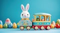 Colourful toy train with bunny and easter eggs before blue background