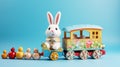 Colourful toy train with bunny and easter eggs before blue background