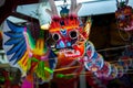 Colourful traditional souvenirs in china market. Chinese dragon.Traditional colorful chinese lion. Chinese New Year