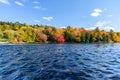 Colourful trees at the peak of fall foliage on the bank of a river on a sunny day Royalty Free Stock Photo
