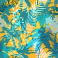 Colourful trendy seamless exotic pattern with palm and tropical plants. Modern abstract design for paper, wallpaper Royalty Free Stock Photo