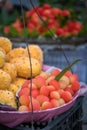 Colourful tropical fruits in a carry basket Royalty Free Stock Photo