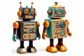 Colourful Two Surreal Retro Tin Robots Generative AI Illustration