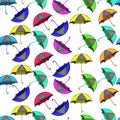 Colourful Umbrellas Seamless Pattern on Blue Background. Vibrant Umbrellas in Various Colours Repeating Design