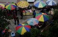Colourful Umbrellas on the shops in the market at Gangtok, India