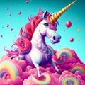 A colourful unicorn on a rainbow marshmallow cloud while balloons rise into the air in the background. Illustration created with