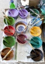 A colourful variety of paint colours at the Art Naji factory in Fez, Morocco.