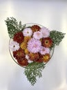 Colourful various flowers in a bowl, Bouquet of flowers and white background